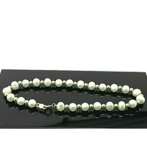 14K Yellow Gold Beaded 5mm Round Shape White Pearl Women's Bracelet 7'' …